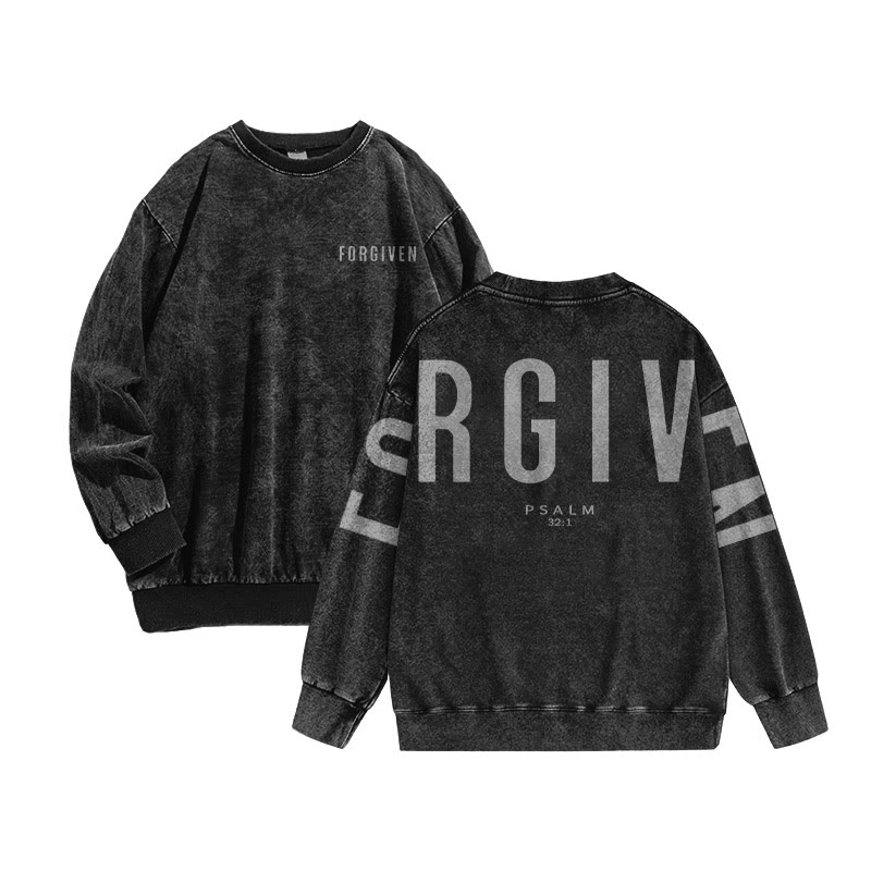 Unisex Forgiven Psalm 32:1 Print Acid Washed Sweatshirt - Black - 3XL - image 1
