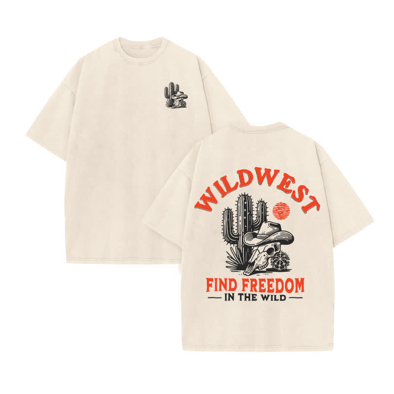Unisex Wild West Find Freedom Print Acid Washed T-shirt - Beige - US20-22(3XL) - image 2