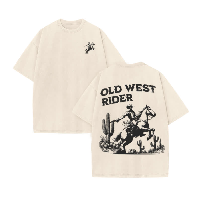 Unisex Old West Rider Print Acid Washed T-shirt - Beige - US20-22(3XL) - image 2