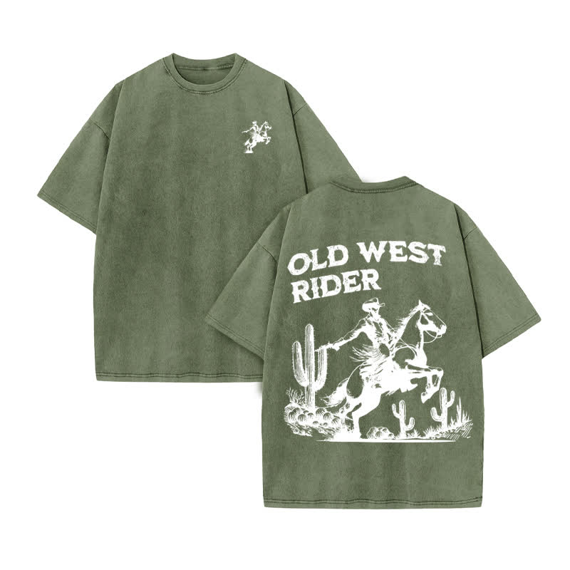 Unisex Old West Rider Print Acid Washed T-shirt - Army Green - US20-22(3XL) - image 6