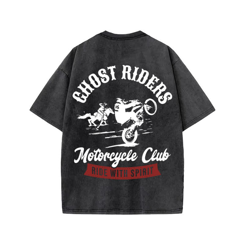 Unisex Ride With Spirit Print Acid Washed T-shirt - Black - US20-22(3XL) - image 2