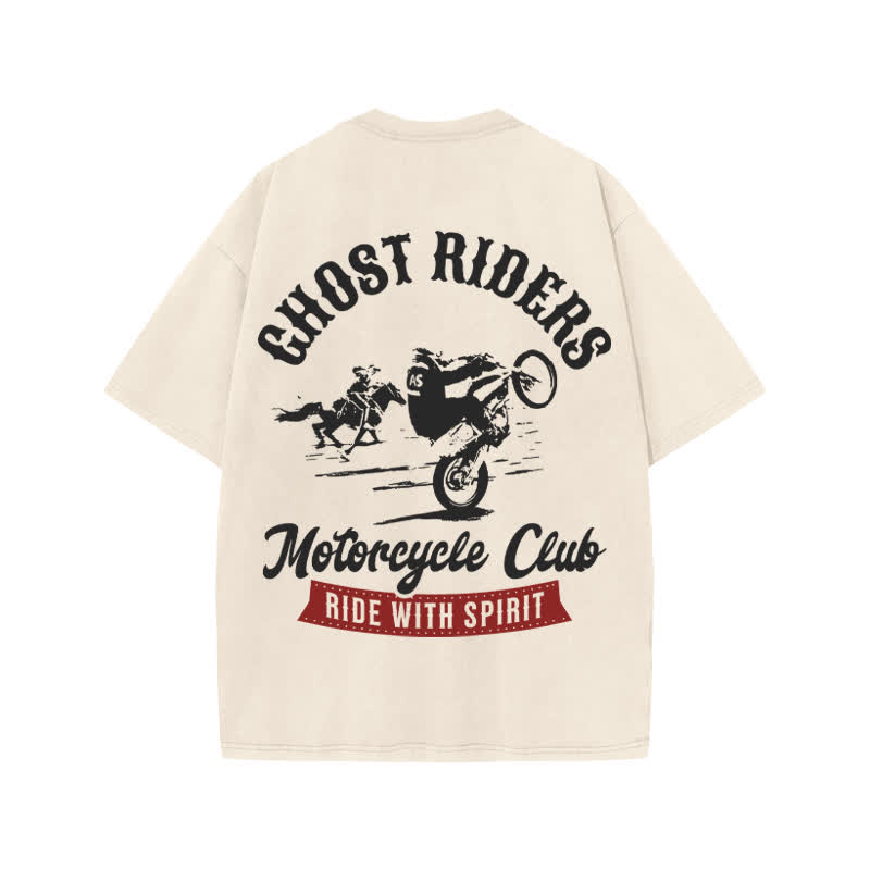 Unisex Ride With Spirit Print Acid Washed T-shirt - Beige - US20-22(3XL) - image 1
