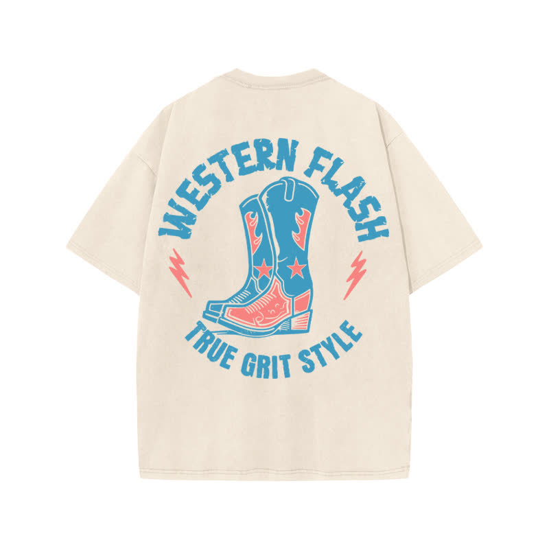 Unisex Western Flash True Grit Style Print Acid Washed T-shirt - Beige - US20-22(3XL) - image 2