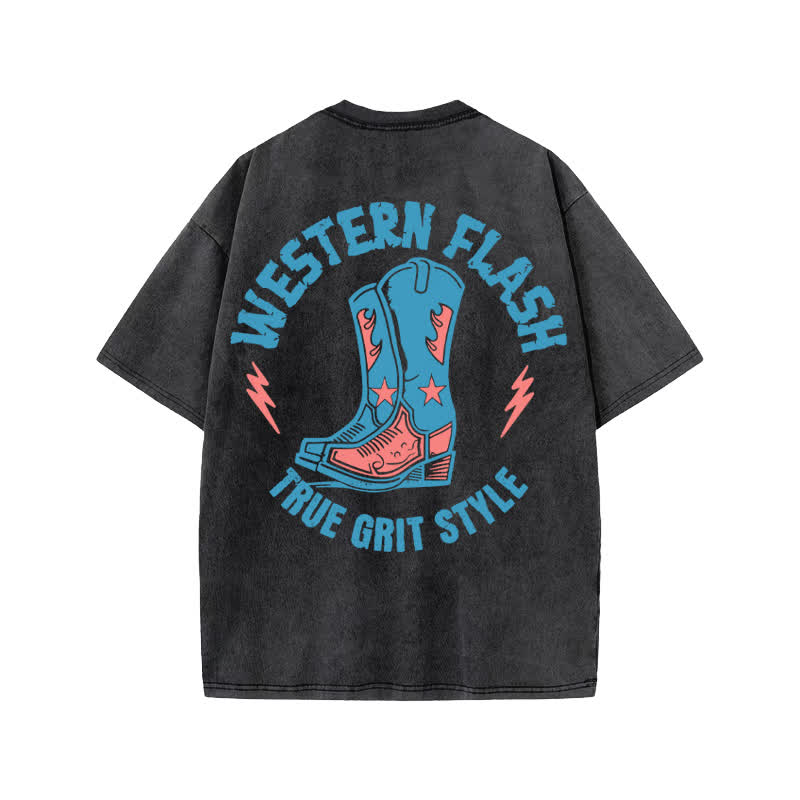 Unisex Western Flash True Grit Style Print Acid Washed T-shirt - Black - US20-22(3XL) - image 1