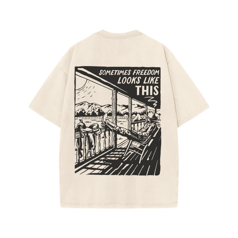 Unisex Western Leisure Time Print Acid Washed T-shirt - Beige - US20-22(3XL) - image 1