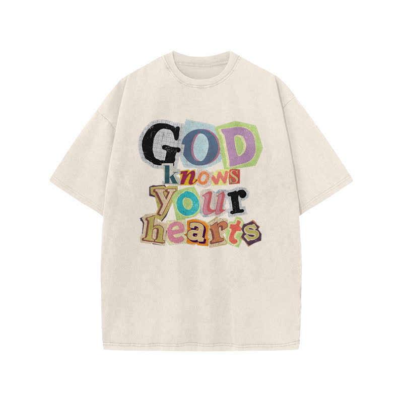 Unisex God Knows Your Hearts Print Acid Washed T-shirt - Beige - US20-22(3XL) - image 2