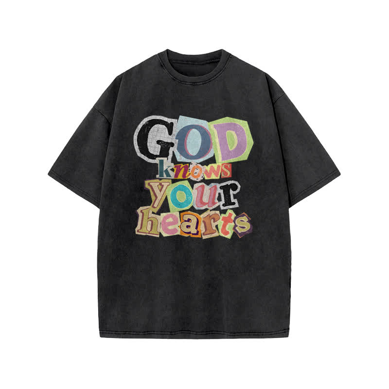 Unisex God Knows Your Hearts Print Acid Washed T-shirt - Black - US20-22(3XL) - image 1