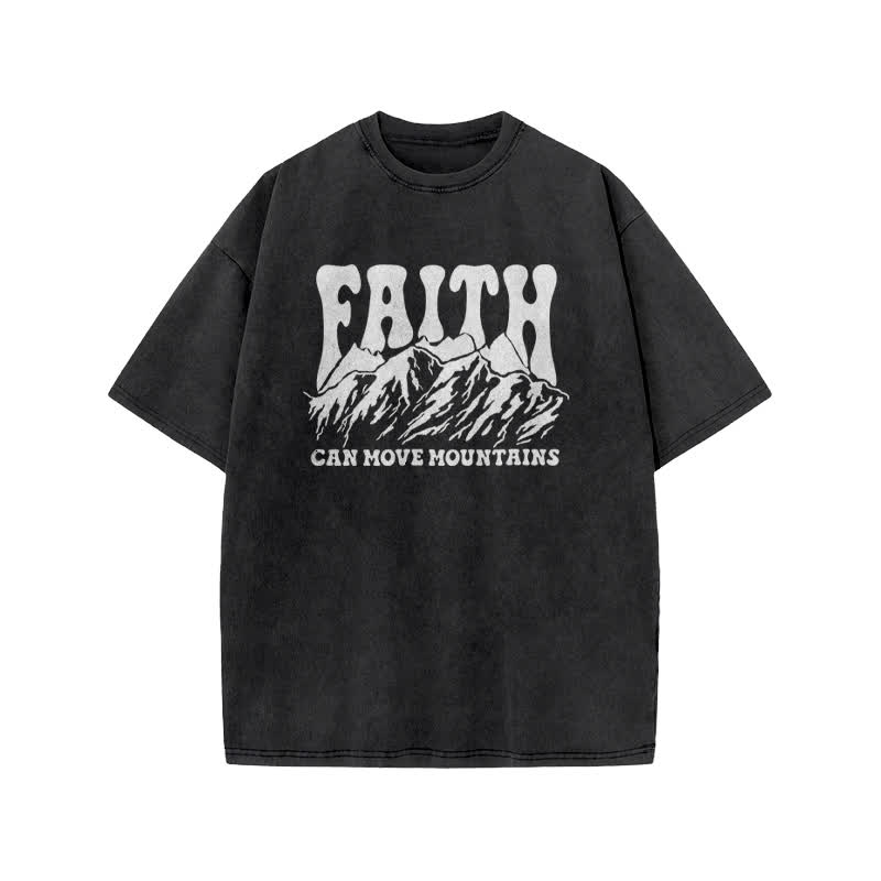 Unisex Faith Can Move Mountains Print Acid Washed T-shirt - Black - US20-22(3XL) - image 2
