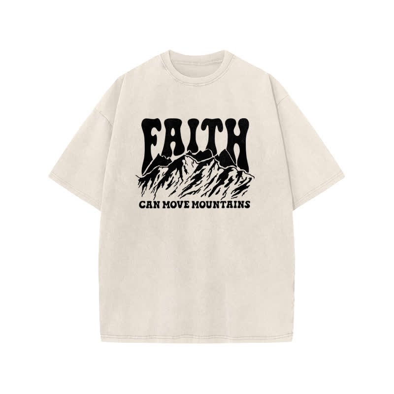 Unisex Faith Can Move Mountains Print Acid Washed T-shirt - Beige - US20-22(3XL) - image 1