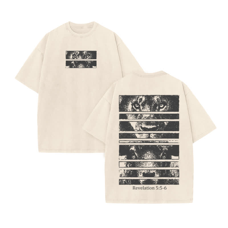 Unisex Revelation 5:5-6 Print Acid Washed T-shirt - Beige - US20-22(3XL) - image 2