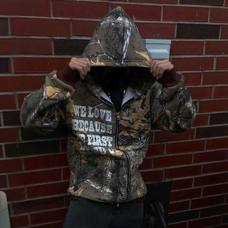 Unisex We Love Because He First Loved Us Dead Leaves Camouflage Print Zipper Hoodie - Brown - US28-30(4XL) - image 2