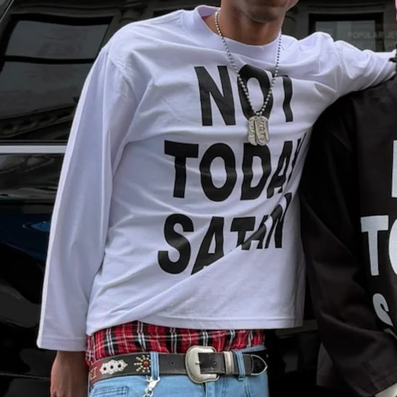Unisex Not Today Satan Print Long Sleeve T-shirt - White - 6XL - image 2
