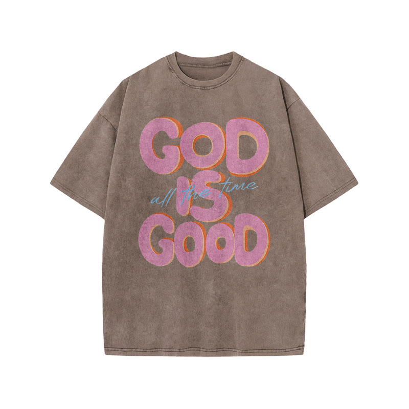 Unisex God Is Good Print Acid Washed T-shirt - Coffee - US20-22(3XL) - image 4