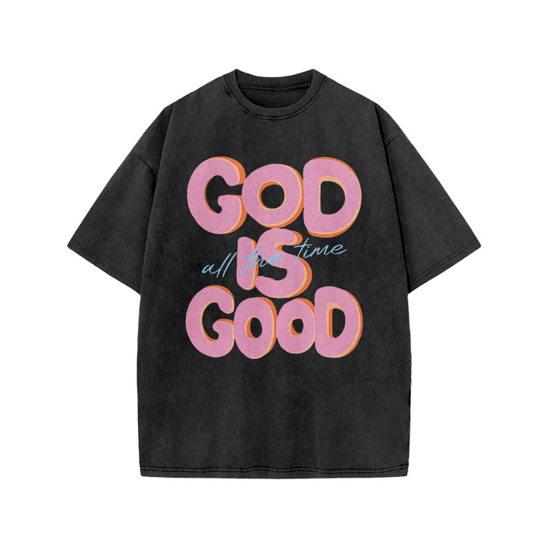 Unisex God Is Good Print Acid Washed T-shirt - Black - US20-22(3XL) - image 1