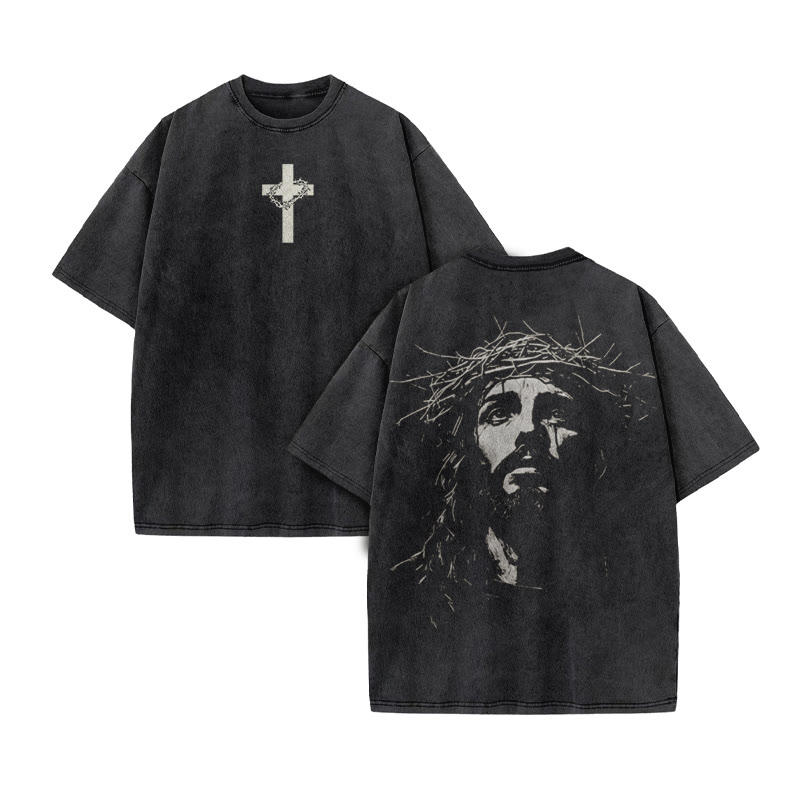 Unisex Jesus Face Print Acid Washed T-shirt - Black - US20-22(3XL) - image 2