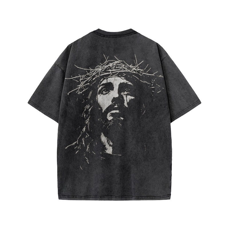 Unisex Jesus Face Print Acid Washed T-shirt - image 1