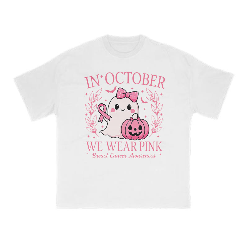 Unisex In October We Wear Pink Halloween Cancer Print T-shirt - White - US16-18(2XL) - image 2