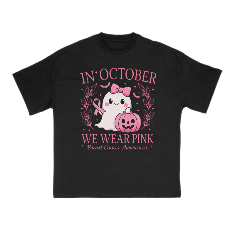 Unisex In October We Wear Pink Halloween Cancer Print T-shirt - Black - US16-18(2XL) - image 1