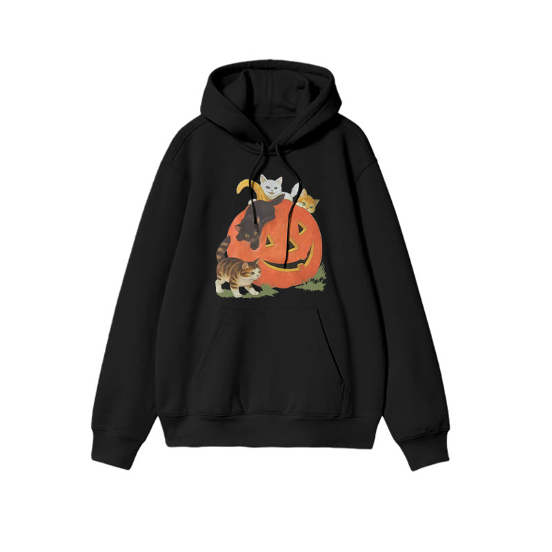 Unisex Cats Playing On Pumpkins Halloween Print Hoodie - Black - US16-18(2XL) - image 2