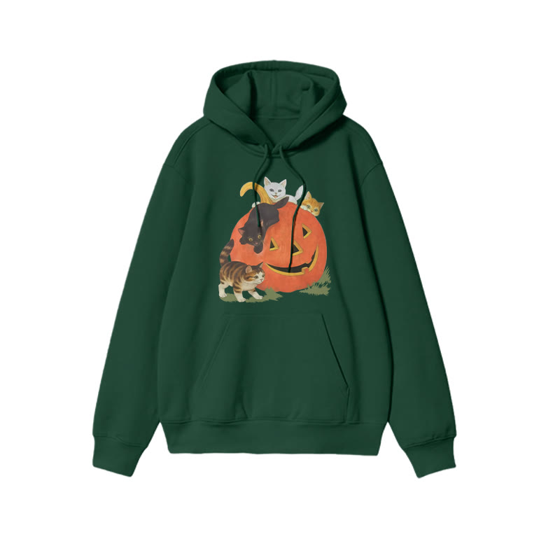 Unisex Cats Playing On Pumpkins Halloween Print Hoodie - Dark Green - US16-18(2XL) - image 1