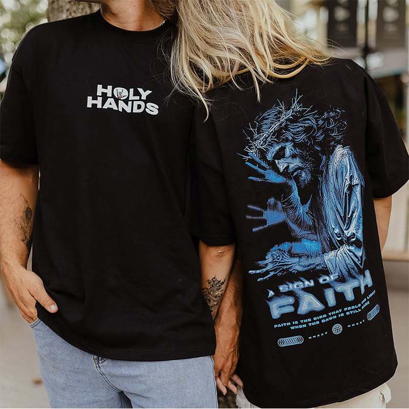 Unisex Holy Hands Print T-shirt - Black - US16-18(2XL) - image 1