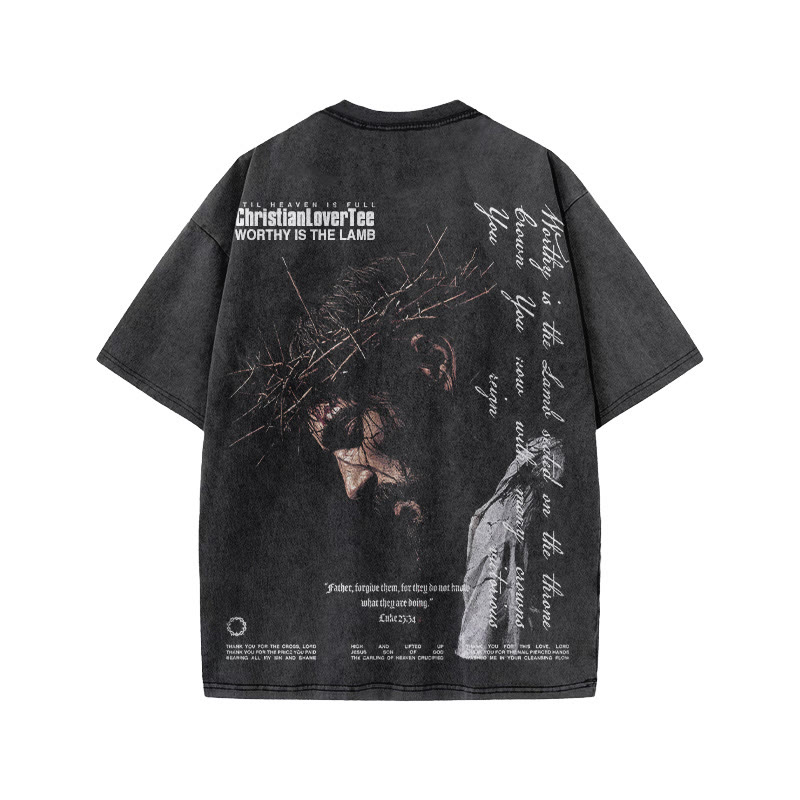 Unisex Father Forgive Them Print Acid Washed T-shirt - Black - US20-22(3XL) - image 1