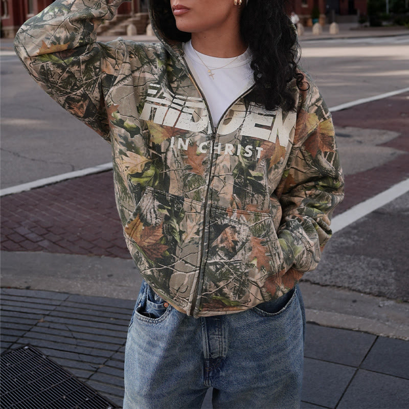 Unisex Hidden In Christ Dead Leaves Camouflage Print Long Sleeve Zipper Hoodie - image 2