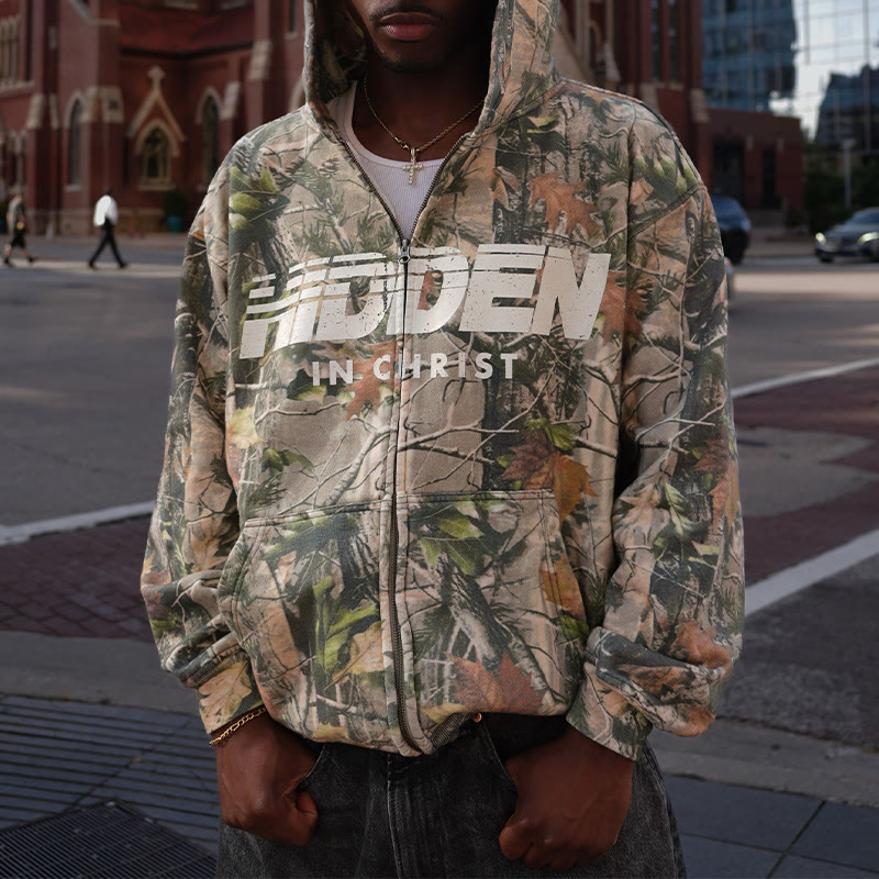 Unisex Hidden In Christ Dead Leaves Camouflage Print Long Sleeve Zipper Hoodie - image 1