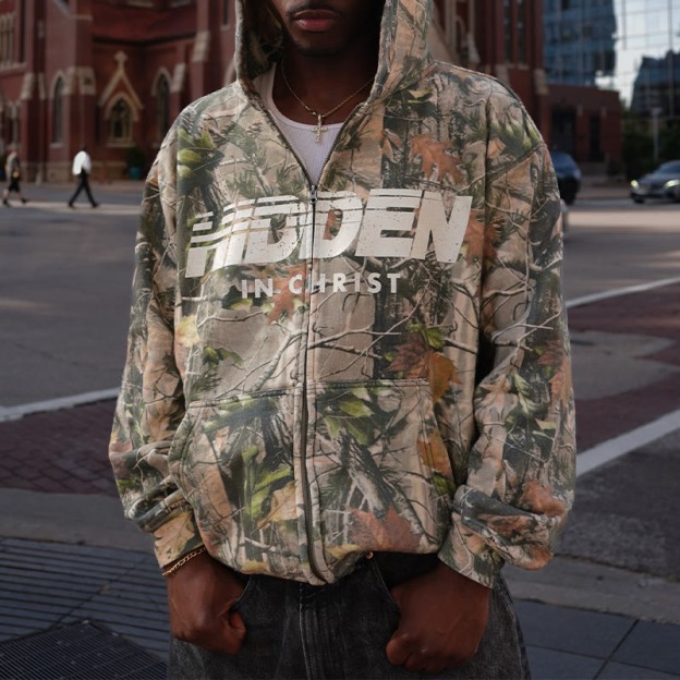 Unisex Hidden In Christ Dead Leaves Camouflage Print Long Sleeve Zipper Hoodie - image 1