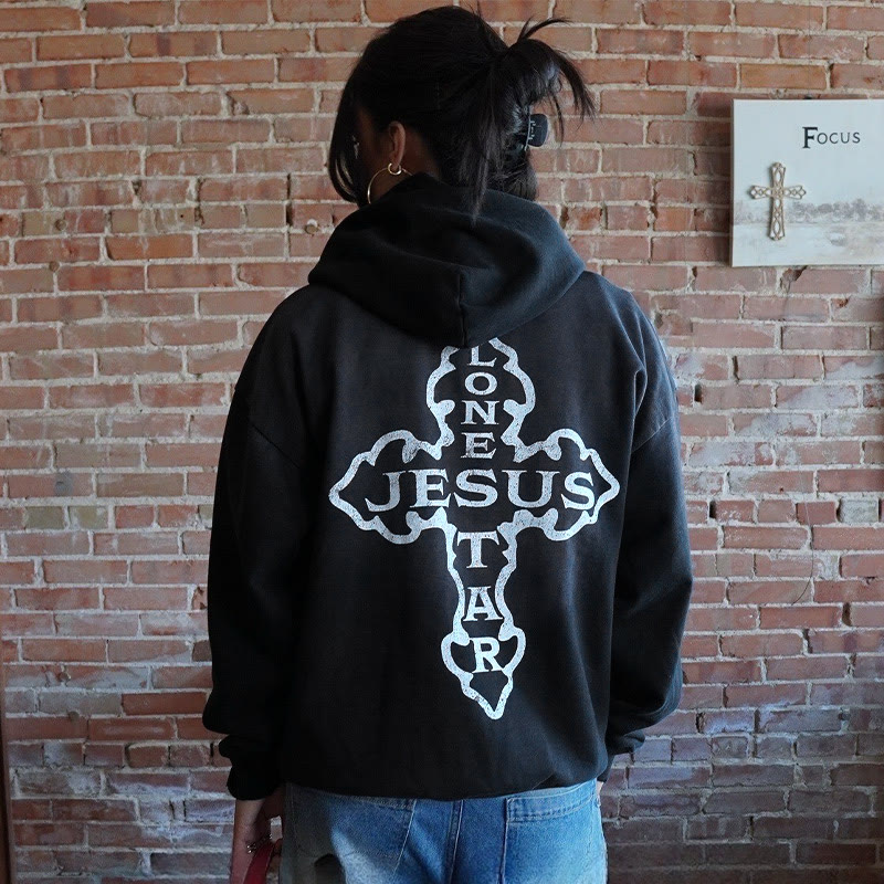 Unisex Lone Star Jesus Printed Washed Hoodie  - image 1