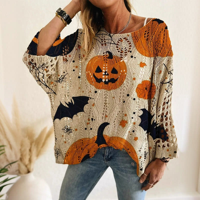 Hollow Halloween Pumpkin And Bat Print Sweater - Apricot - 2XL - image 1