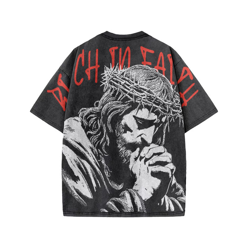 Unisex Rich In Faith Print Acid Washed T-shirt - image 1