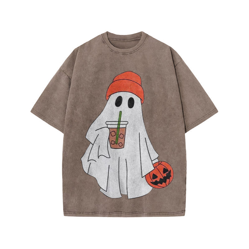 Unisex Halloween Ghost Drinking Coffee Print Acid Washed T-shirt - Coffee - US20-22(3XL) - image 4