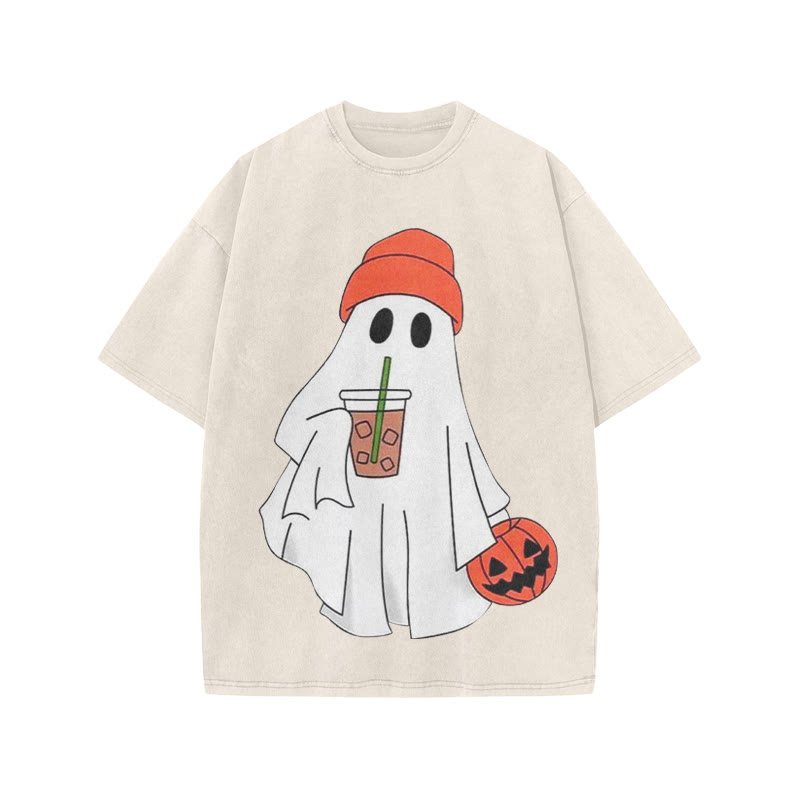 Unisex Halloween Ghost Drinking Coffee Print Acid Washed T-shirt - Beige - US20-22(3XL) - image 3