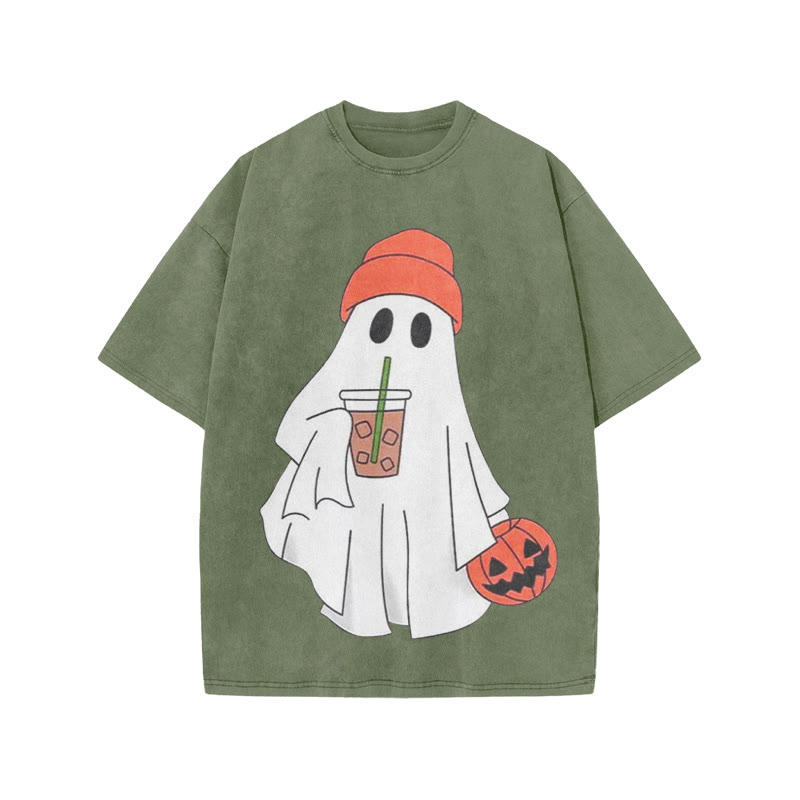 Unisex Halloween Ghost Drinking Coffee Print Acid Washed T-shirt - Army Green - US20-22(3XL) - image 2