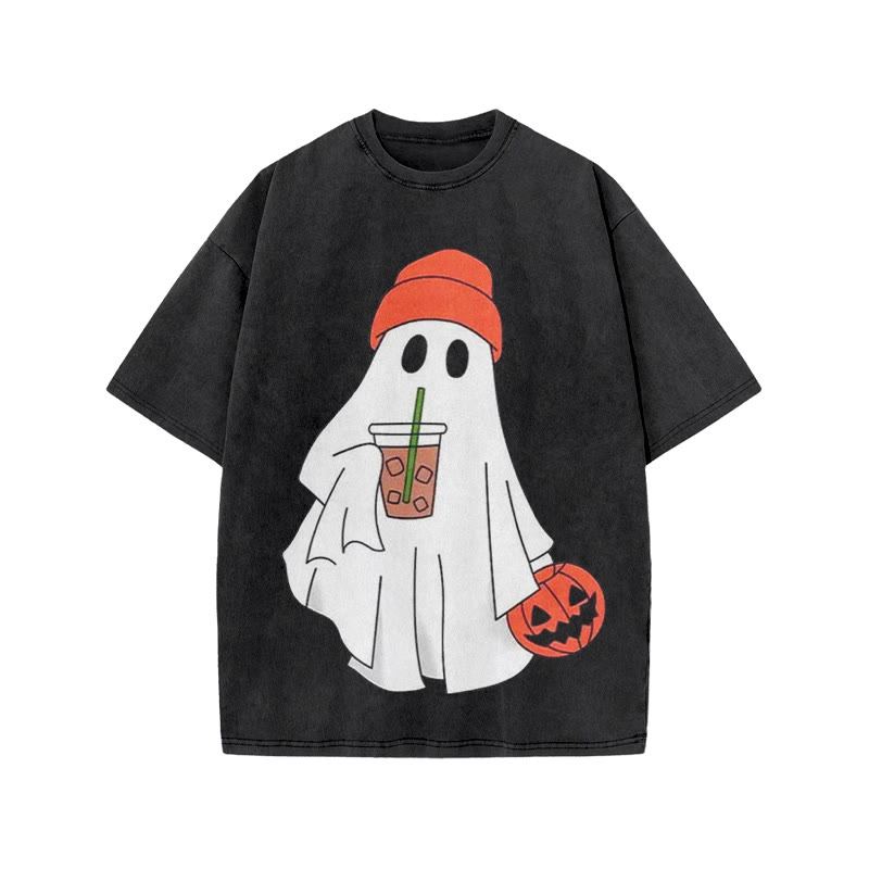 Unisex Halloween Ghost Drinking Coffee Print Acid Washed T-shirt - Black - US20-22(3XL) - image 1