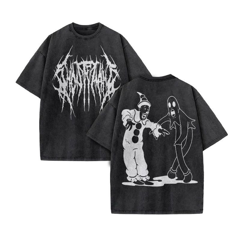 Unisex Clown And Ghost Print Acid Washed T-shirt - Black - US20-22(3XL) - image 2