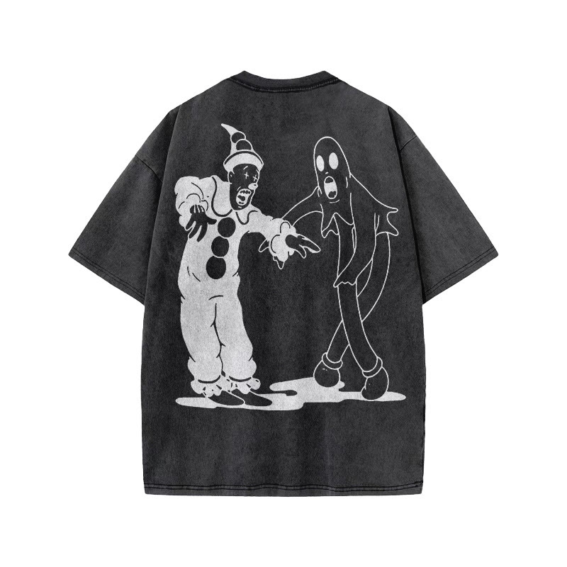 Unisex Clown And Ghost Print Acid Washed T-shirt - image 1