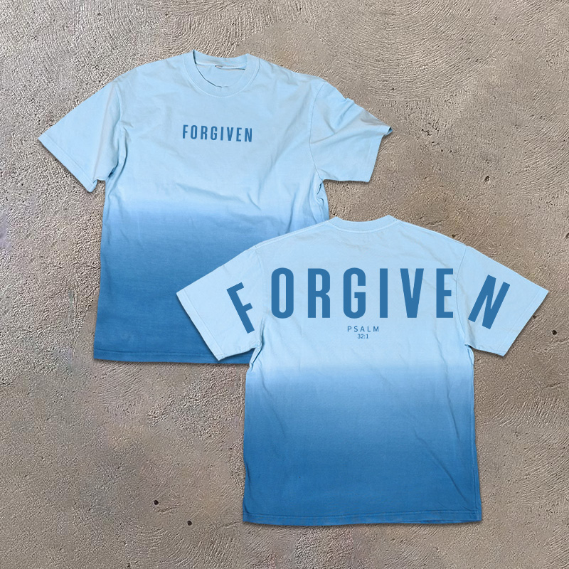 Unisex 100% Cotton Forgiven Psalm 32:1 Print Ombre Acid Washed T-shirt - Blue - US24-26(4XL) - image 2