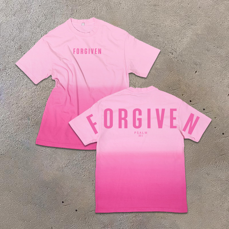 Unisex 100% Cotton Forgiven Psalm 32:1 Print Ombre Acid Washed T-shirt - Pink - US24-26(4XL) - image 3