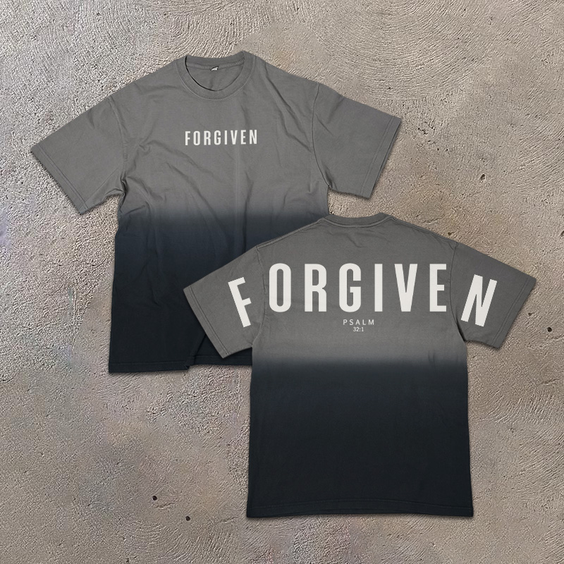 Unisex 100% Cotton Forgiven Psalm 32:1 Print Ombre Acid Washed T-shirt - Dark Grey - US24-26(4XL) - image 1