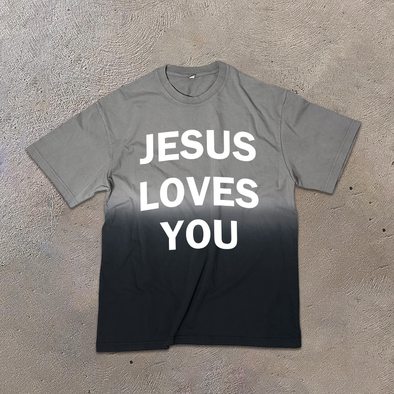 Unisex Jesus Loves You Print Ombre Acid Washed T-shirt - Dark Grey - US24-26(4XL) - image 2