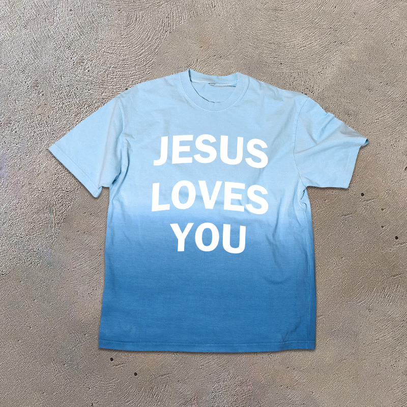 Unisex Jesus Loves You Print Ombre Acid Washed T-shirt - Blue - US24-26(4XL) - image 1
