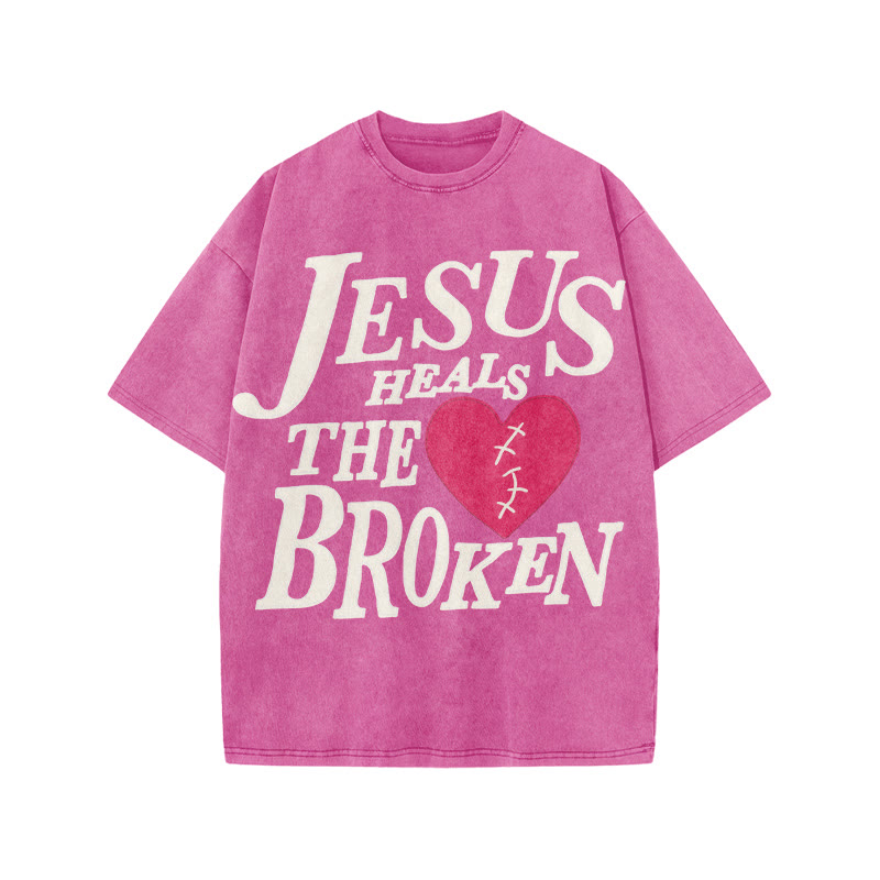 Unisex Jesus Heals The Broken Print Acid Washed T-shirt - Pink - US20-22(3XL) - image 3