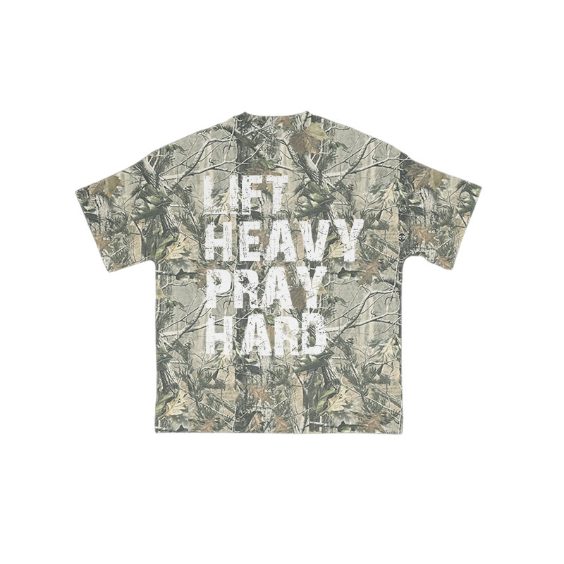 Unisex Lift Heavy Pray Hard Dead Leaves Camouflage Print T-shirt - Green - 8XL - image 1