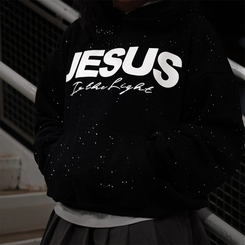 Unisex Jesus Is Light Printed Rhinestone Hoodie - Black - US16-18(2XL) - image 1