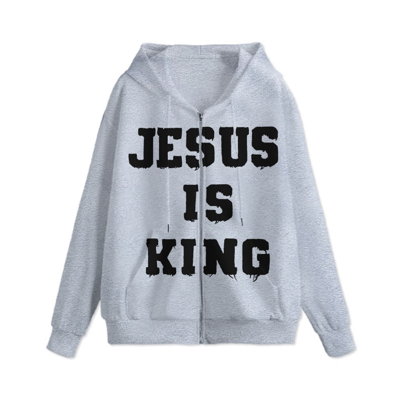 Unisex Jesus Is King Print Zip Up Hoodie - Grey - US16-18(2XL) - image 2