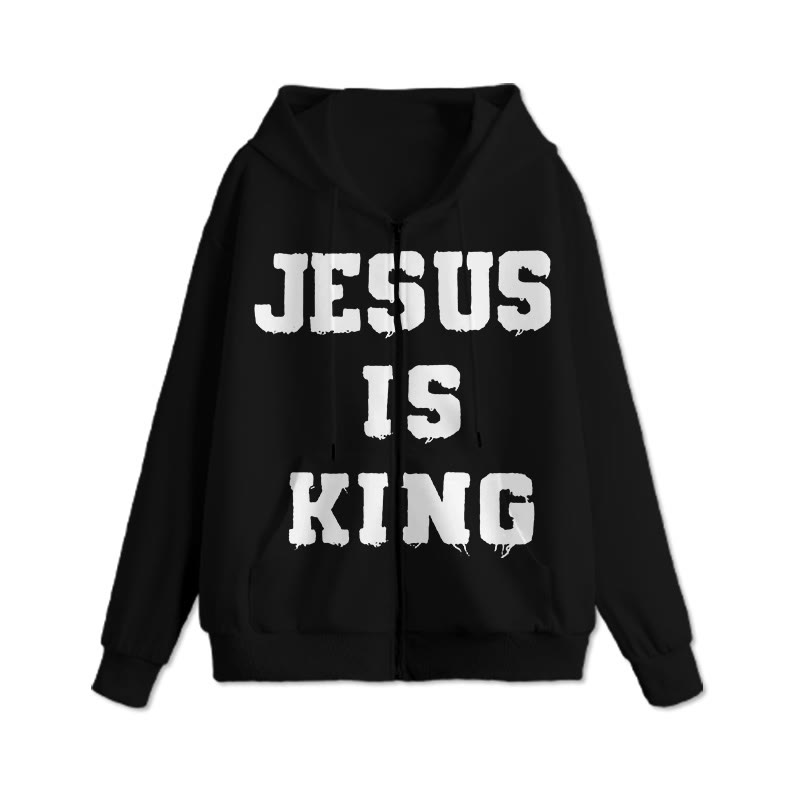 Unisex Jesus Is King Print Zip Up Hoodie - Black - US16-18(2XL) - image 1