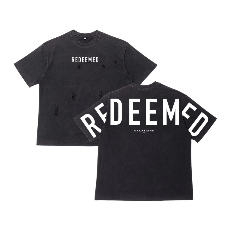 Unisex Redeemed Galatians 2:20 Print Washed Ripped T-shirt - Black - US32-34(5XL) - image 2