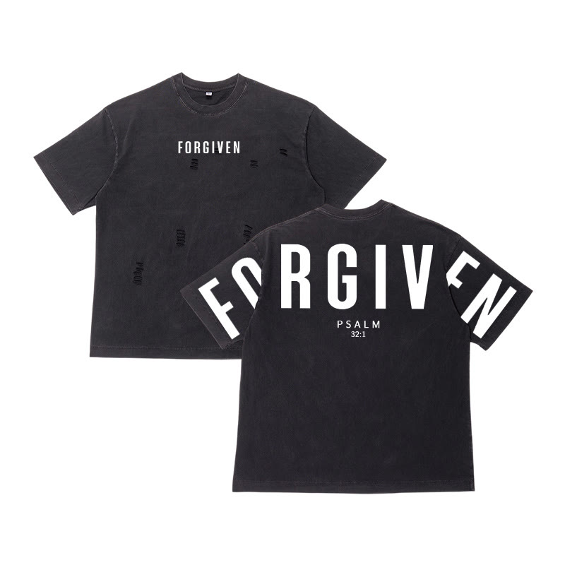 Unisex Forgiven Psalm 32:1 Print Washed Ripped T-shirt - Black - US32-34(5XL) - image 2